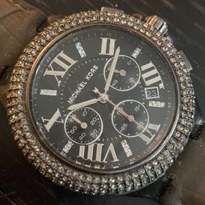 Michael Kors Stainless Steel Women Pave/crystal oversized leather band watch.